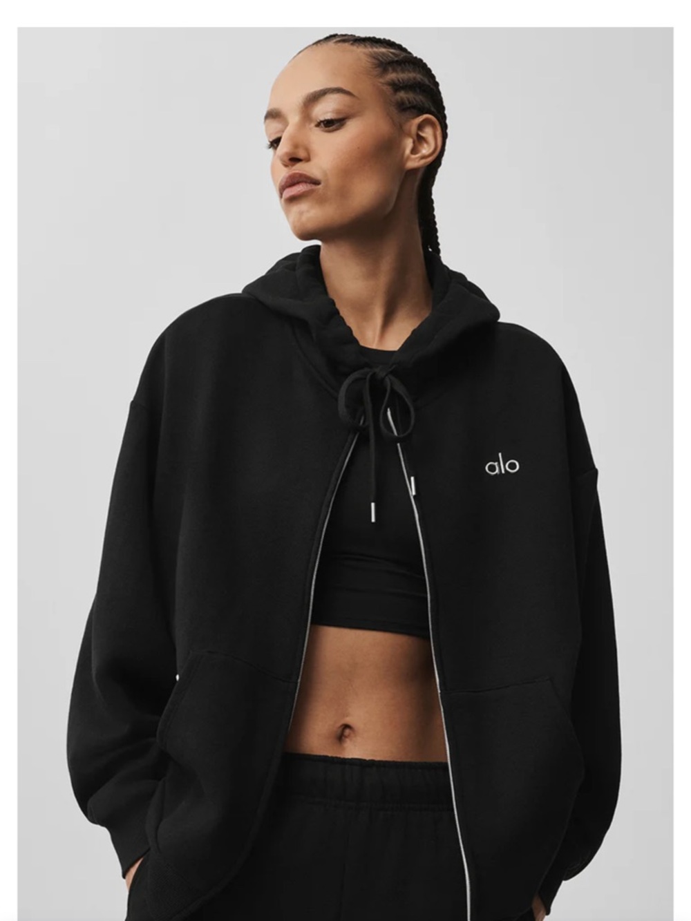 ALO Yoga Black Zip Hoodie with Drawstring Hood